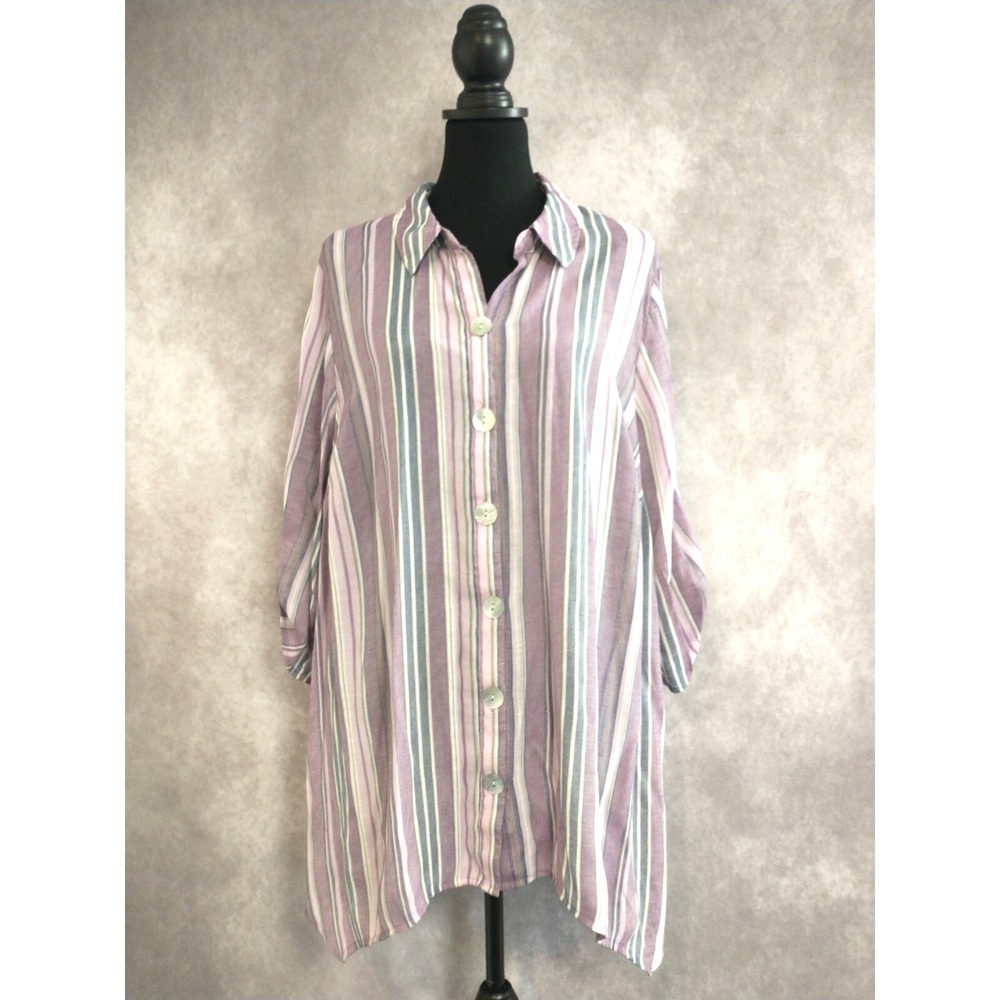 Catherines Top 0X  14W/16W   Lavender Stripe 3/4 Sleeve Button Front